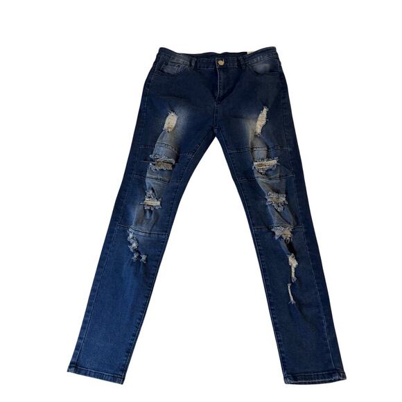 SHEIN Jeans Women’s Size M Dark Wash Stretch Denim Mid Rise Straight Leg Ripped - Picture 1 of 4